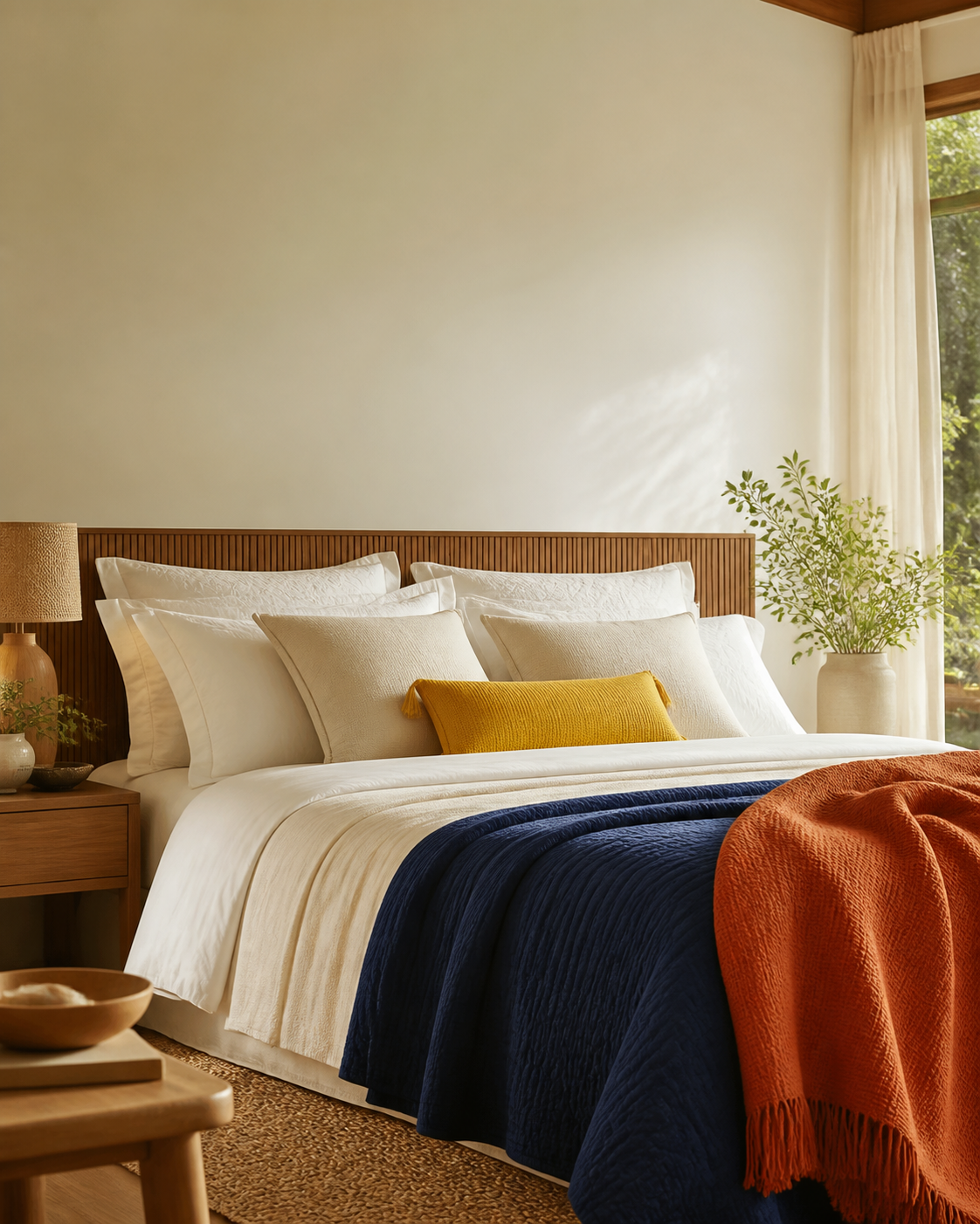 Quarto com jogo de cama, cobertor e travesseiros